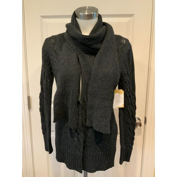 Poleci Dark Gray Cable Knit Cardigan W/ Neck Tie, Size Small - Picture 1 of 9